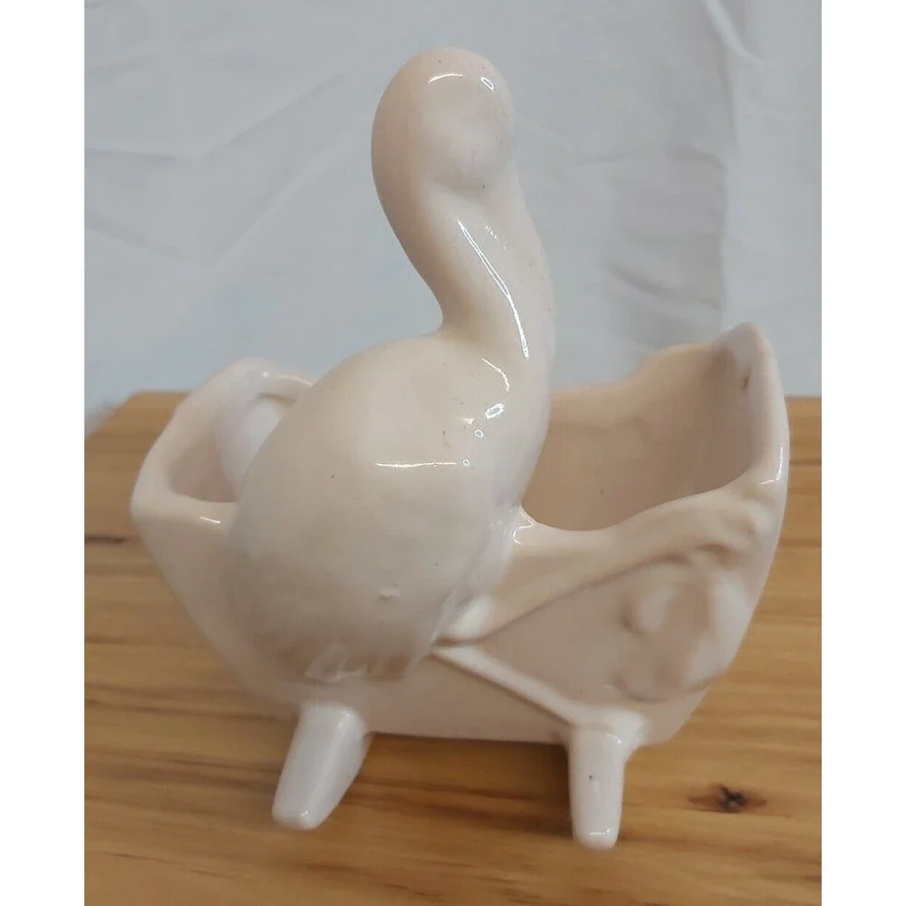 1939 Haeger Baby Cradle Planter pink Pottery Stork Mid Century Nursery Vase Vtg